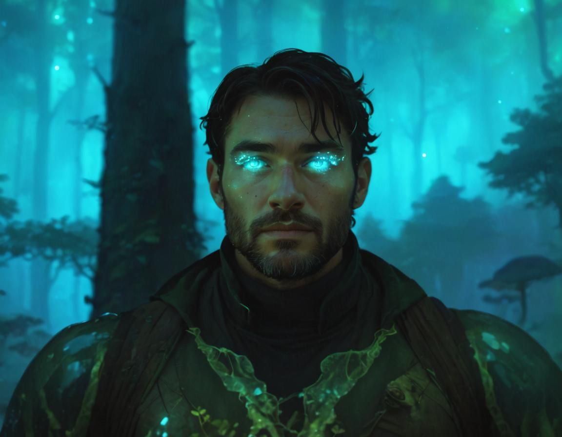 Bioluminescent Magic Forest with Man in Digital Art