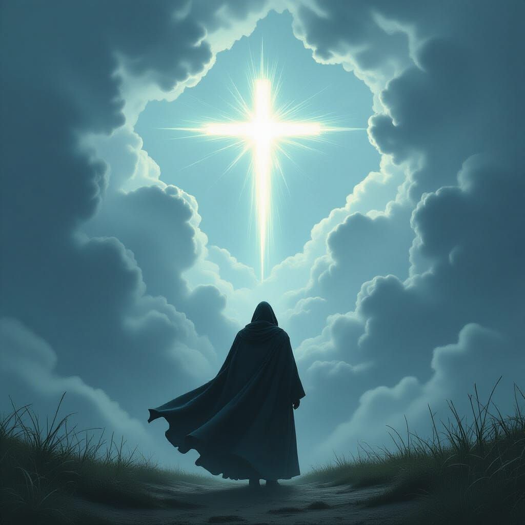Ethereal Figure Stands Before Storm with Radiant Cross