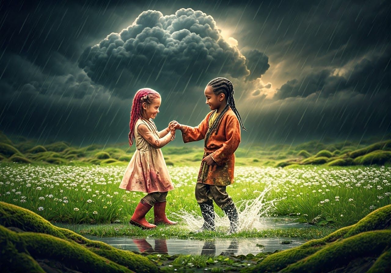 Children Dancing in Monsoon Rain: A Digital Matte Painting