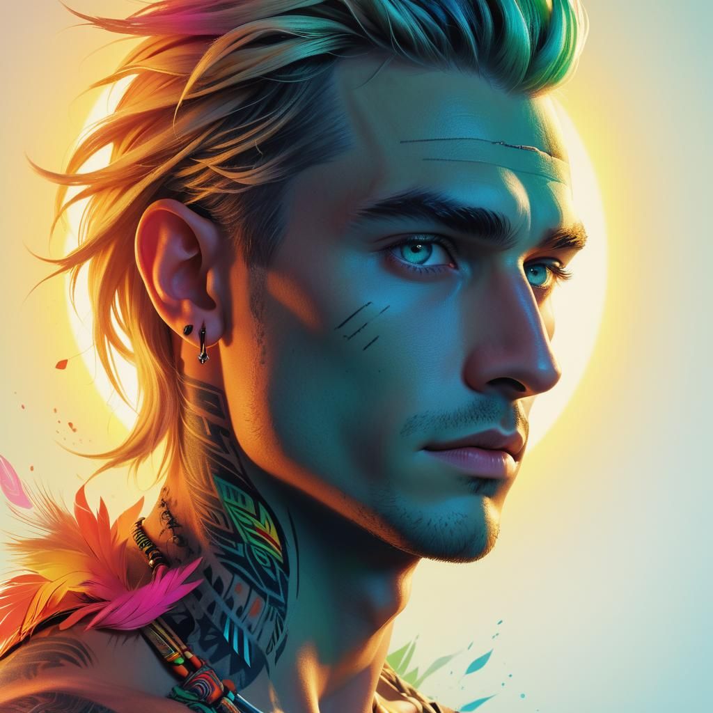 Androgynous Man Portrait with Tribal Tattoos