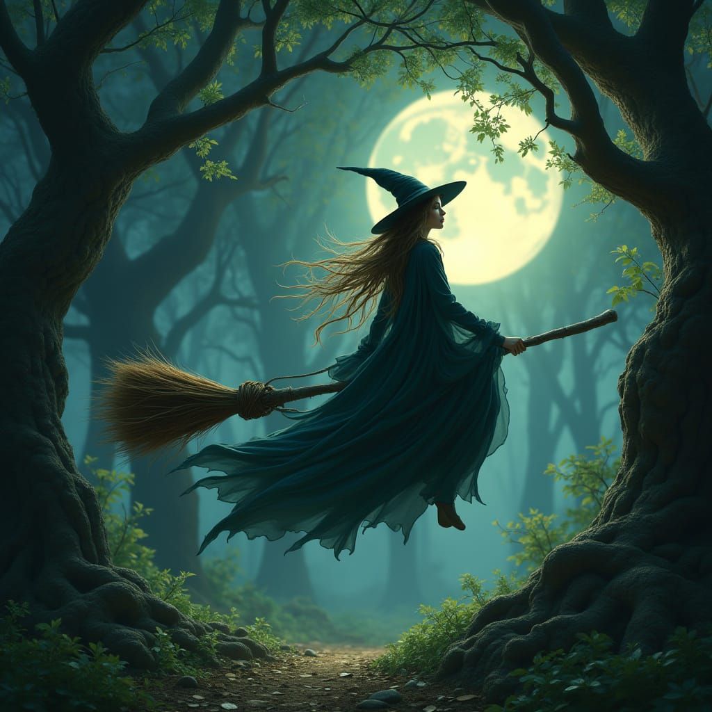 Mystical Woman Soars Through a Vibrant Forest at Night
