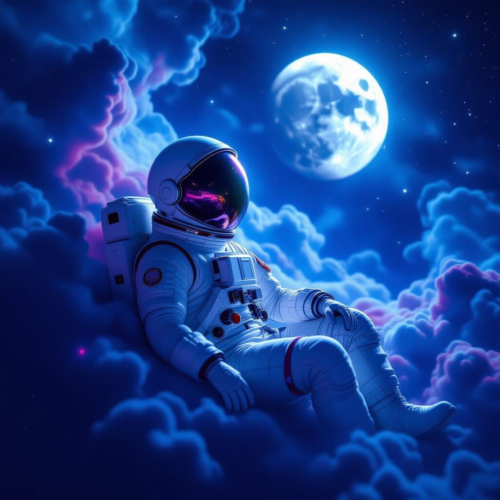 Astronaut Adrift in Nebula Reflecting Alien Moon