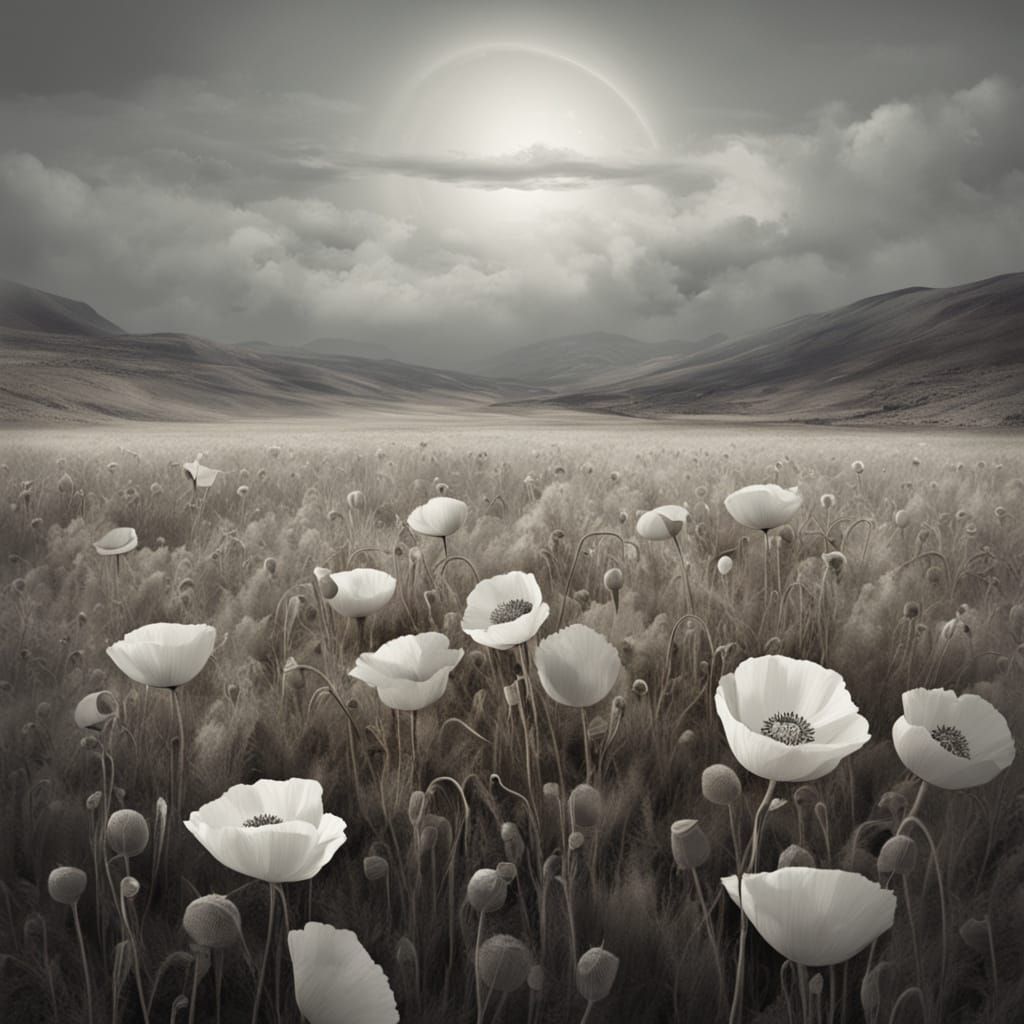 Desolate Surreal Landscape with Spectral Poppies and Grapes