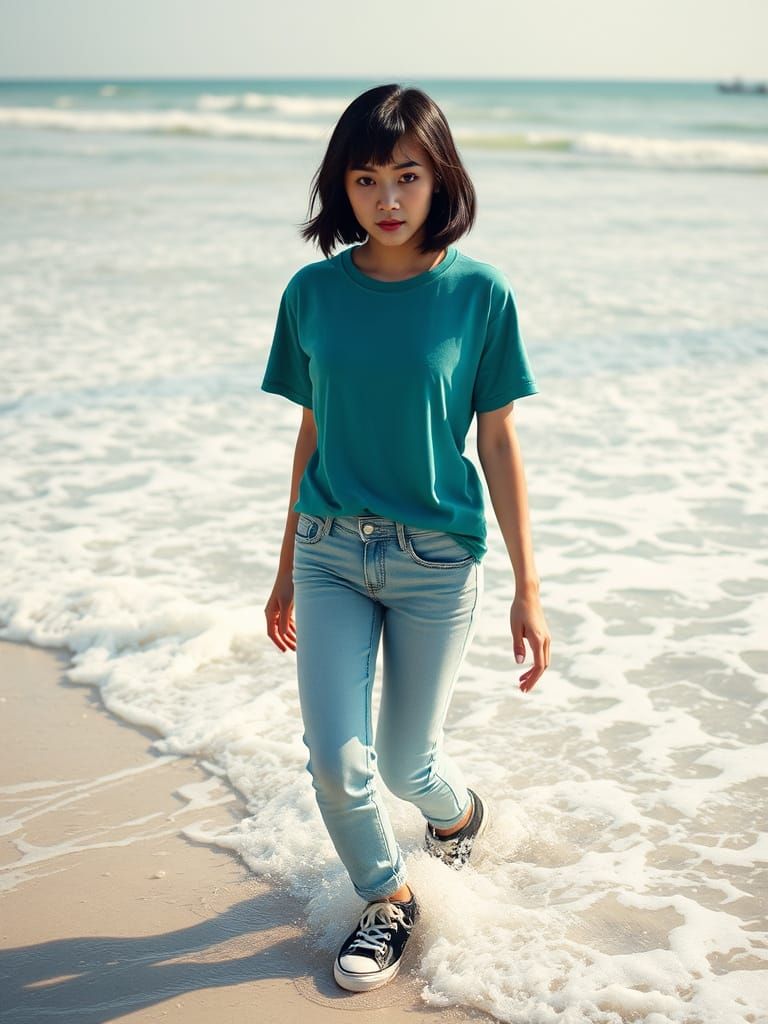 Thai Woman Wades in Surf on Sunny Afternoon