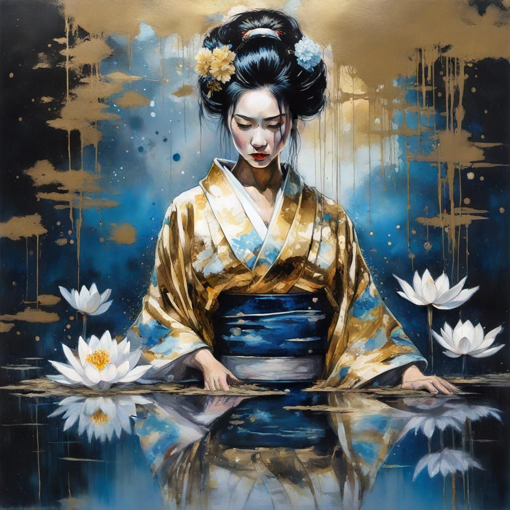 Geisha in Mirrored Reflection: Fantasy Graffiti Art