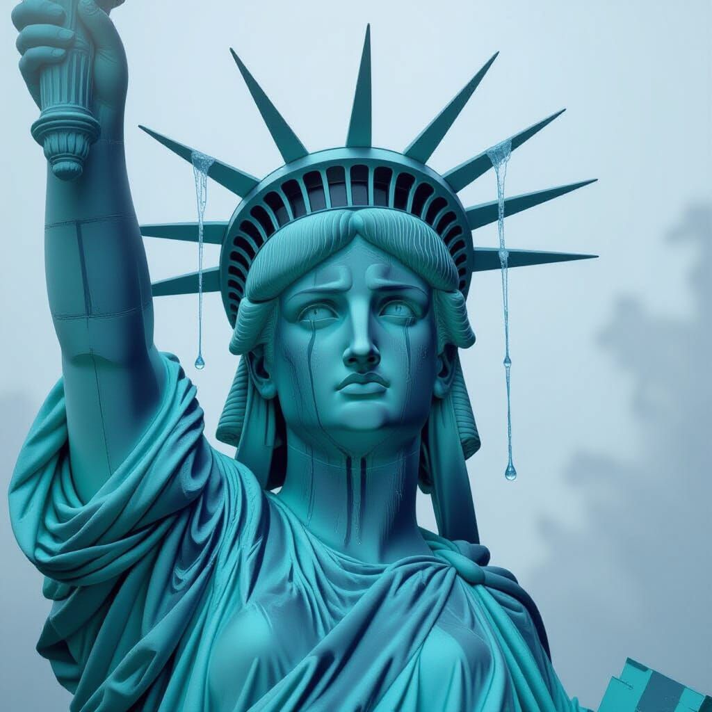 Sad Statue of Liberty in Eerie Mist