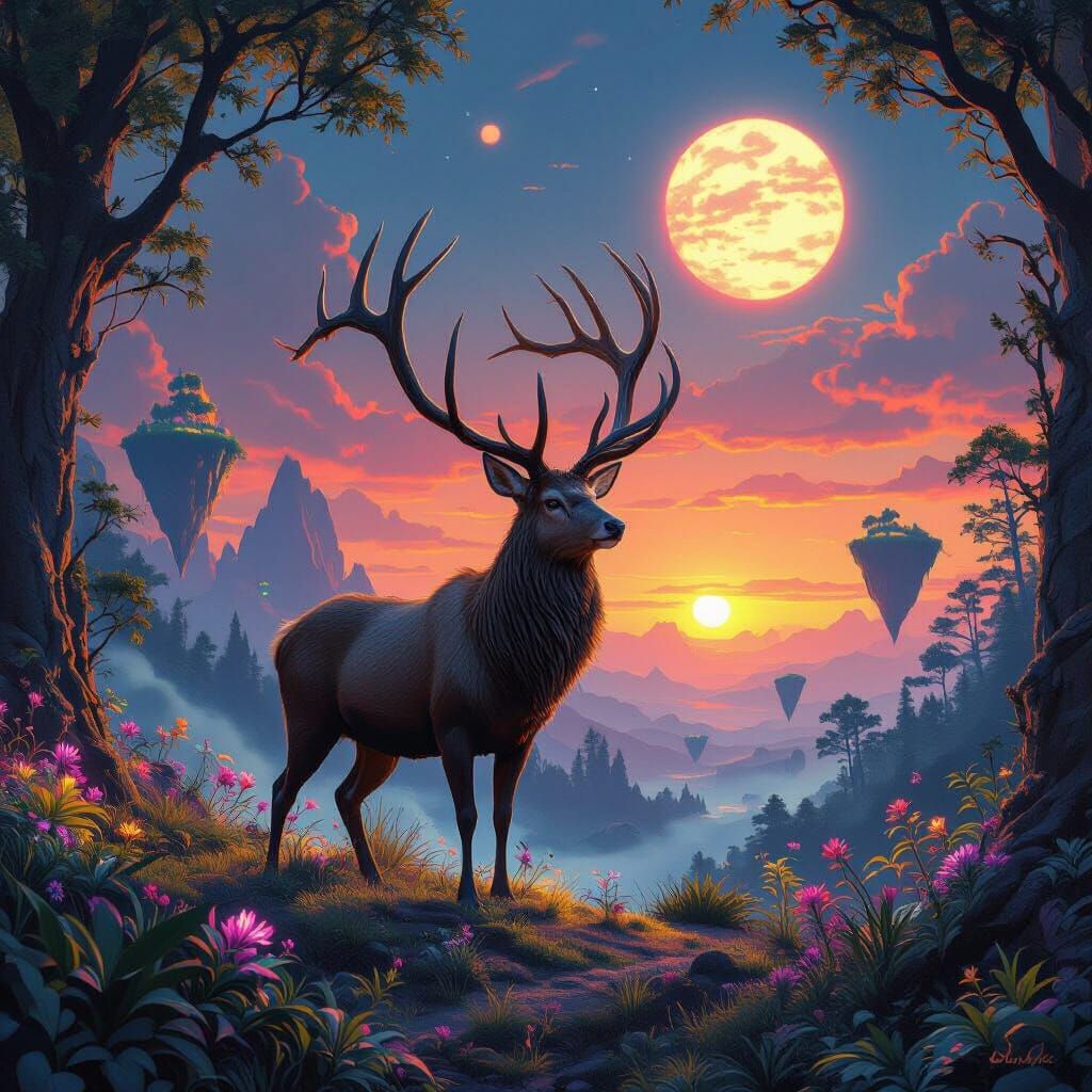 Majestic Stag Materializes in Alien World Under Binary Sunse...