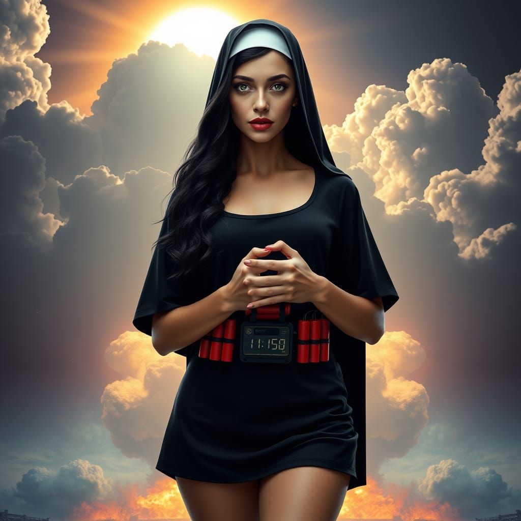 Mournful Nun Amidst Nuclear Explosion in Cyberpunk Art