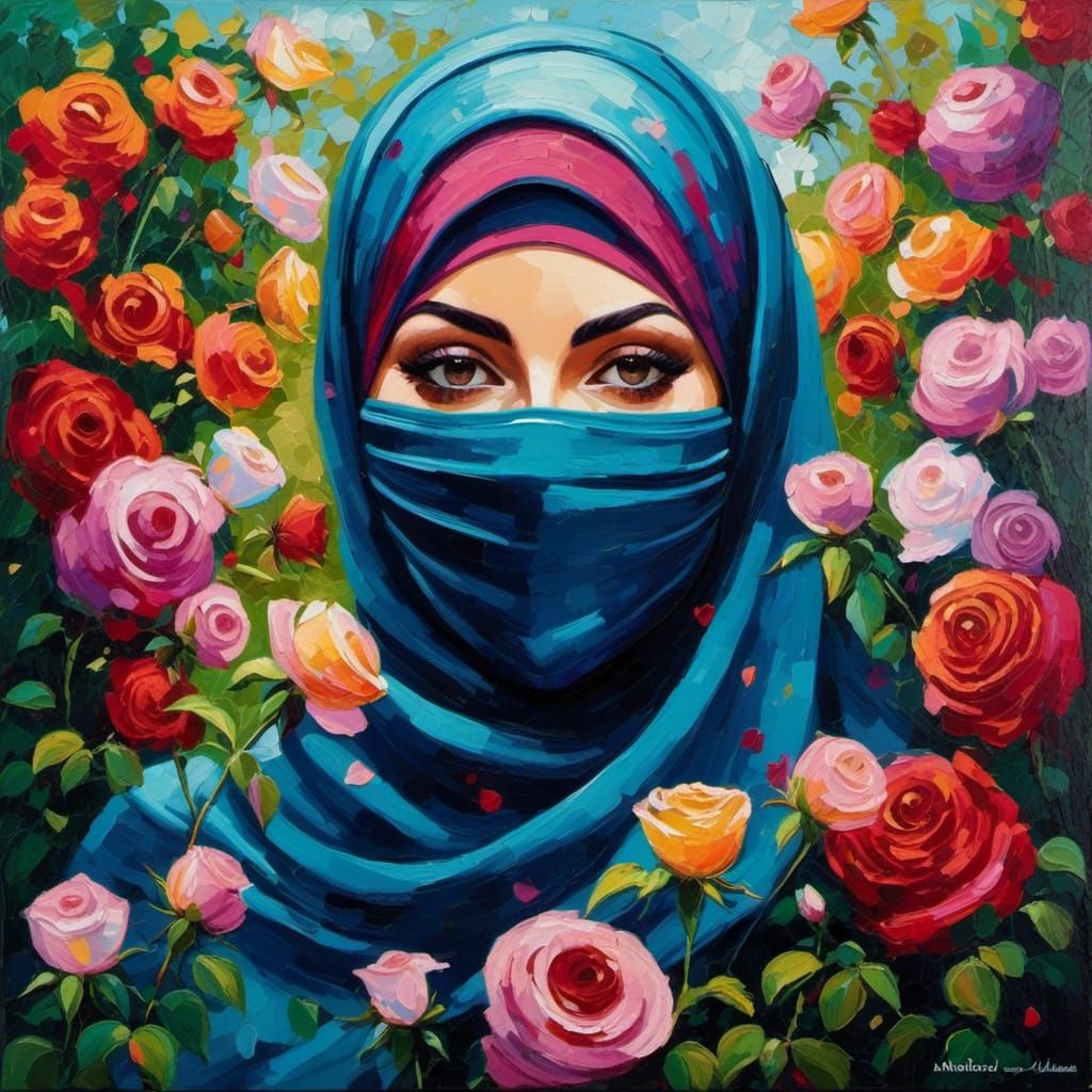 Veiled Woman in Rose Garden: Impressionist Oil Painting