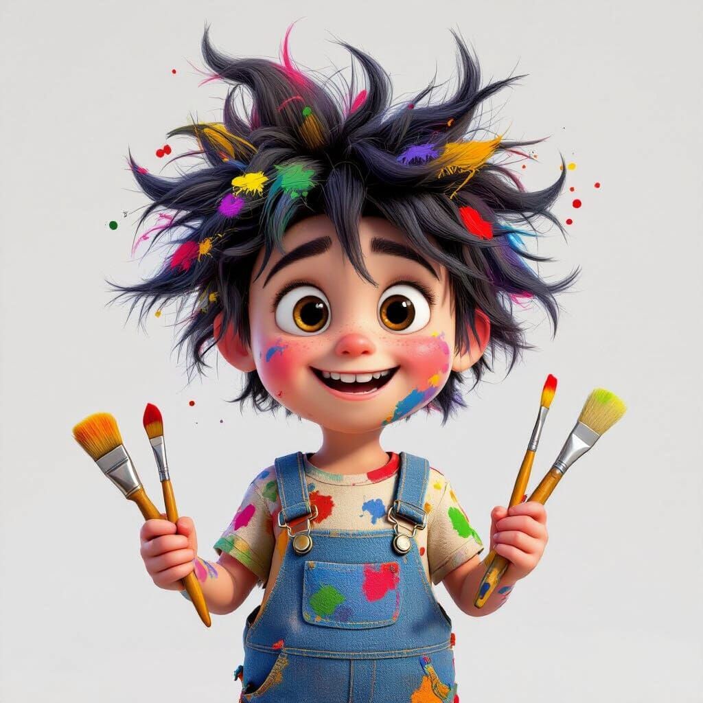 Pixar-Style Child Artist with Exploding Paint Hair