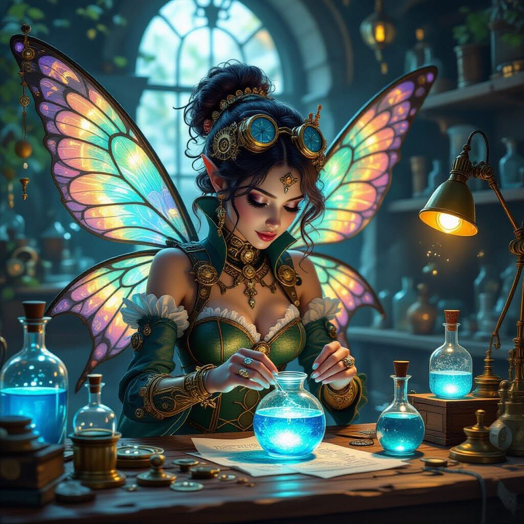 Steampunk Fairy Mixing Glowing Blue Potions