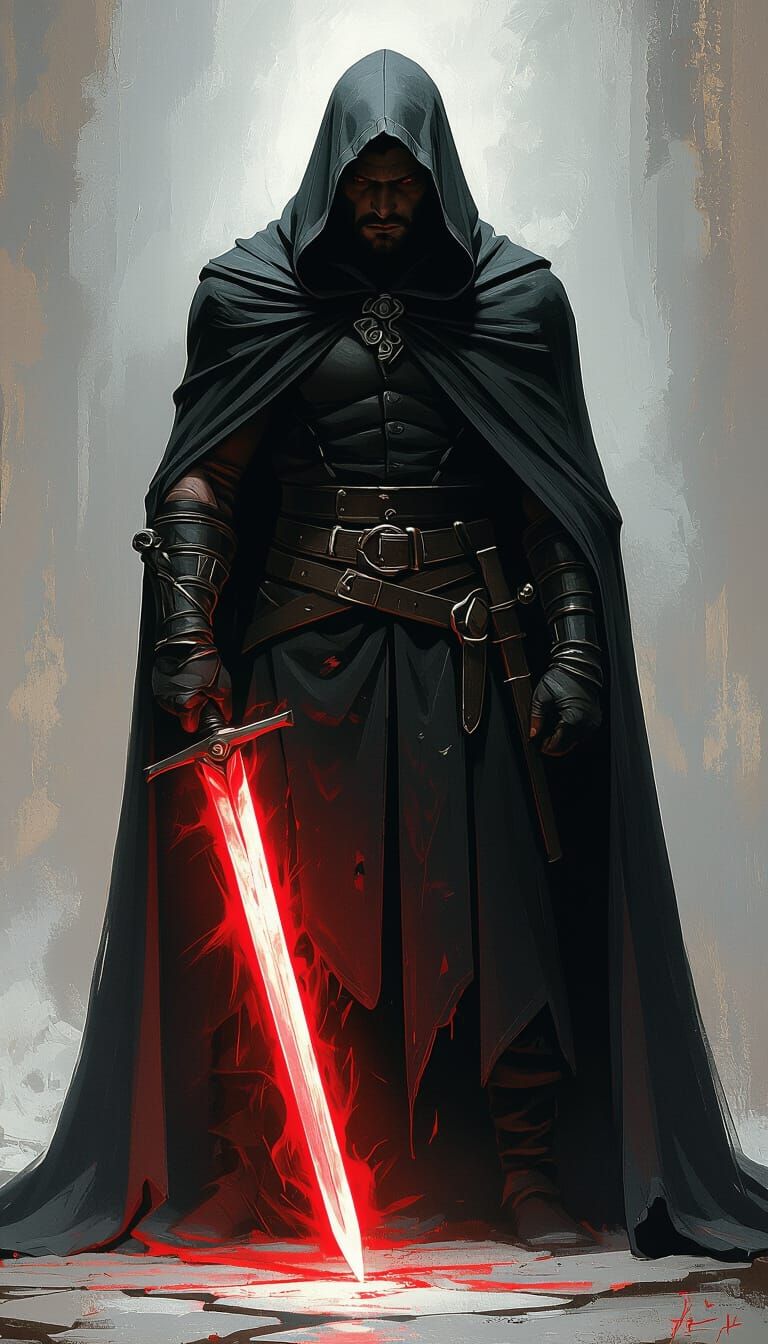 Roguish Man with Glowing Sword in Matte Painting Style