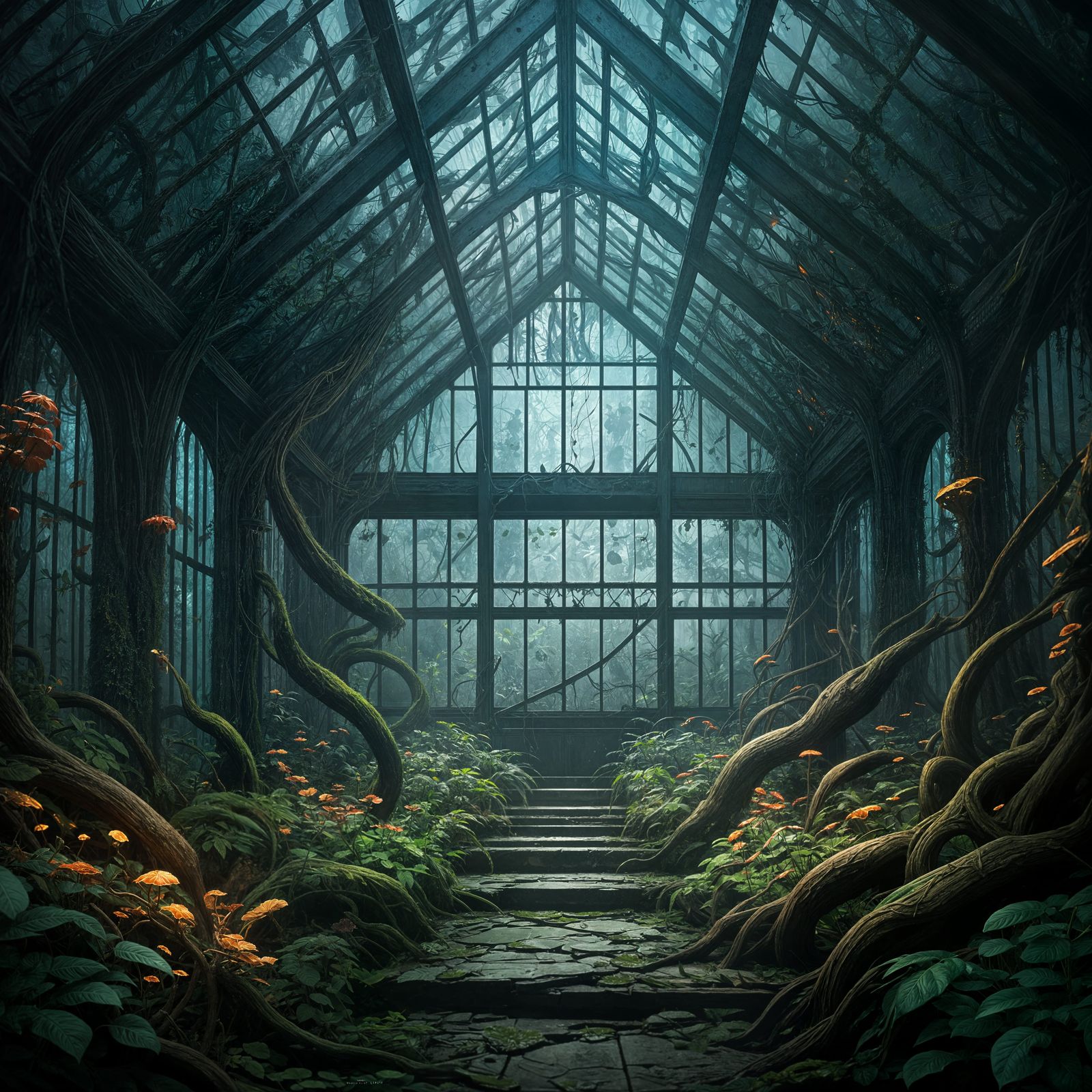Bioluminescent Greenhouse in Dark Fantasy Style