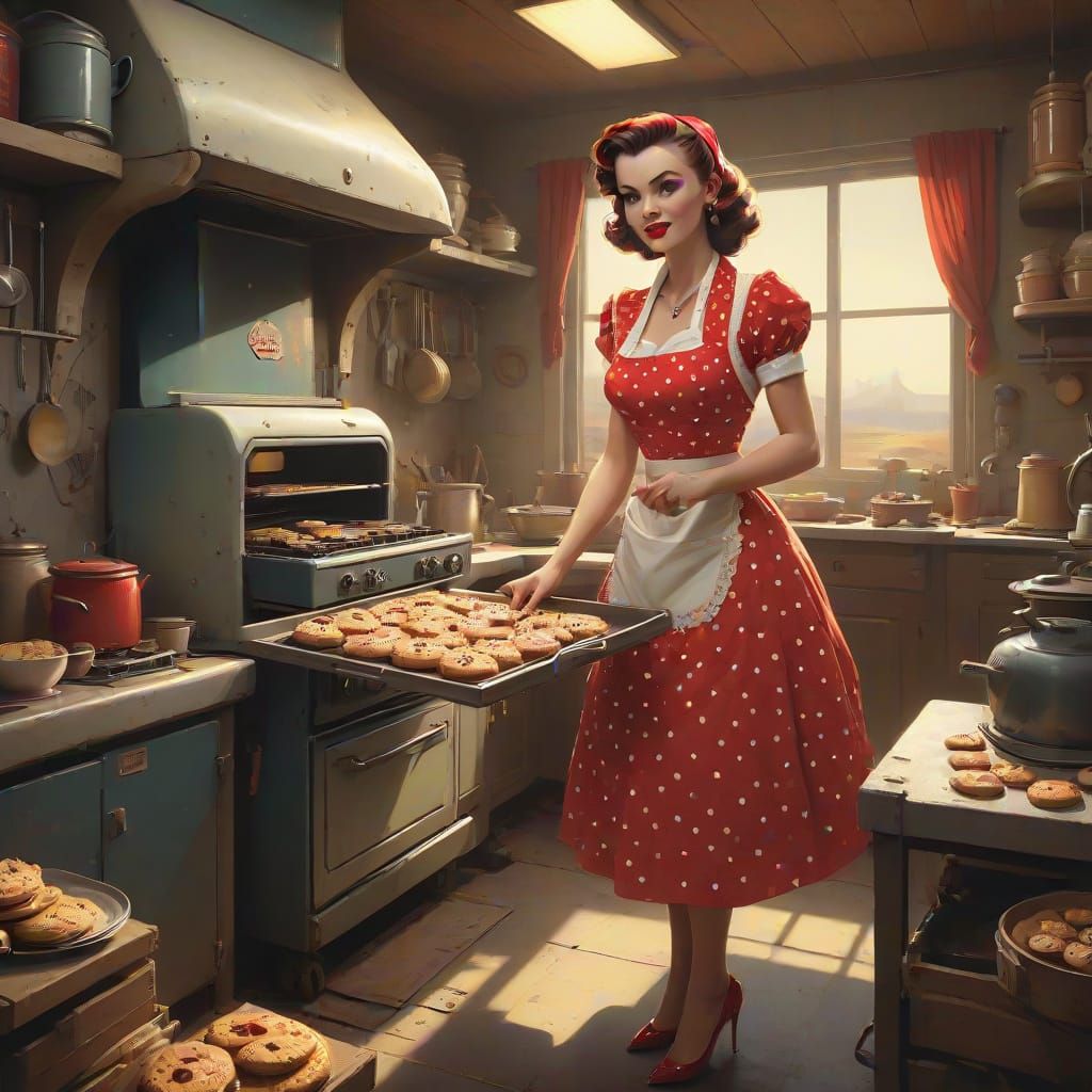 Vintage Pin-Up Baker in Whimsical, Dreamlike Setting