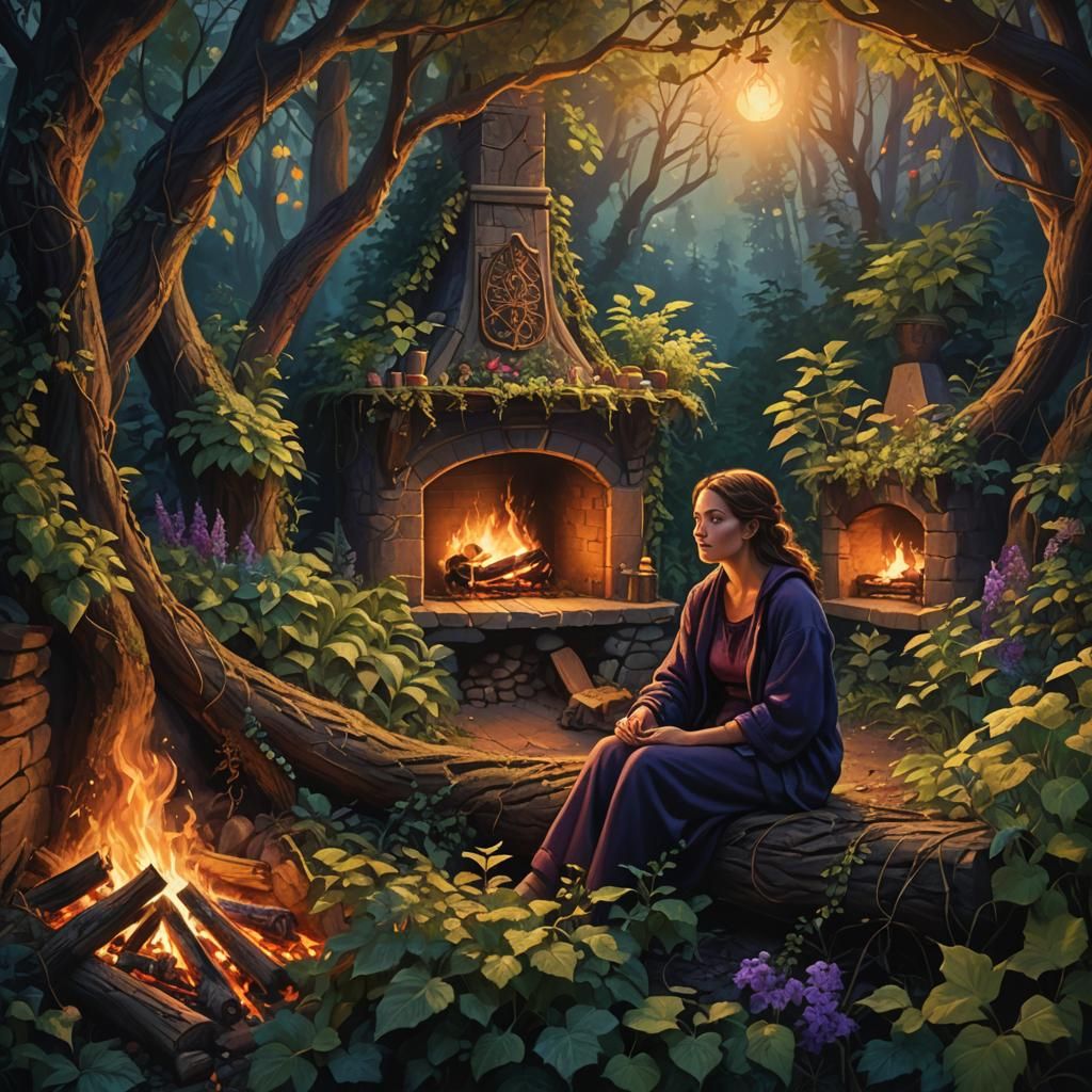 Cozy Forest Fire Scene in Matte Painting Style