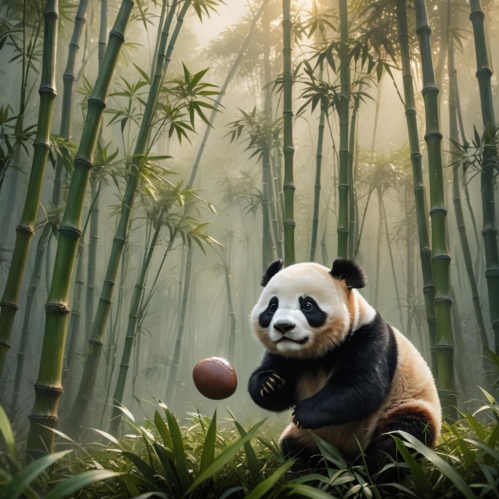 Panda Cub with Football in Dreamy Oil Painting