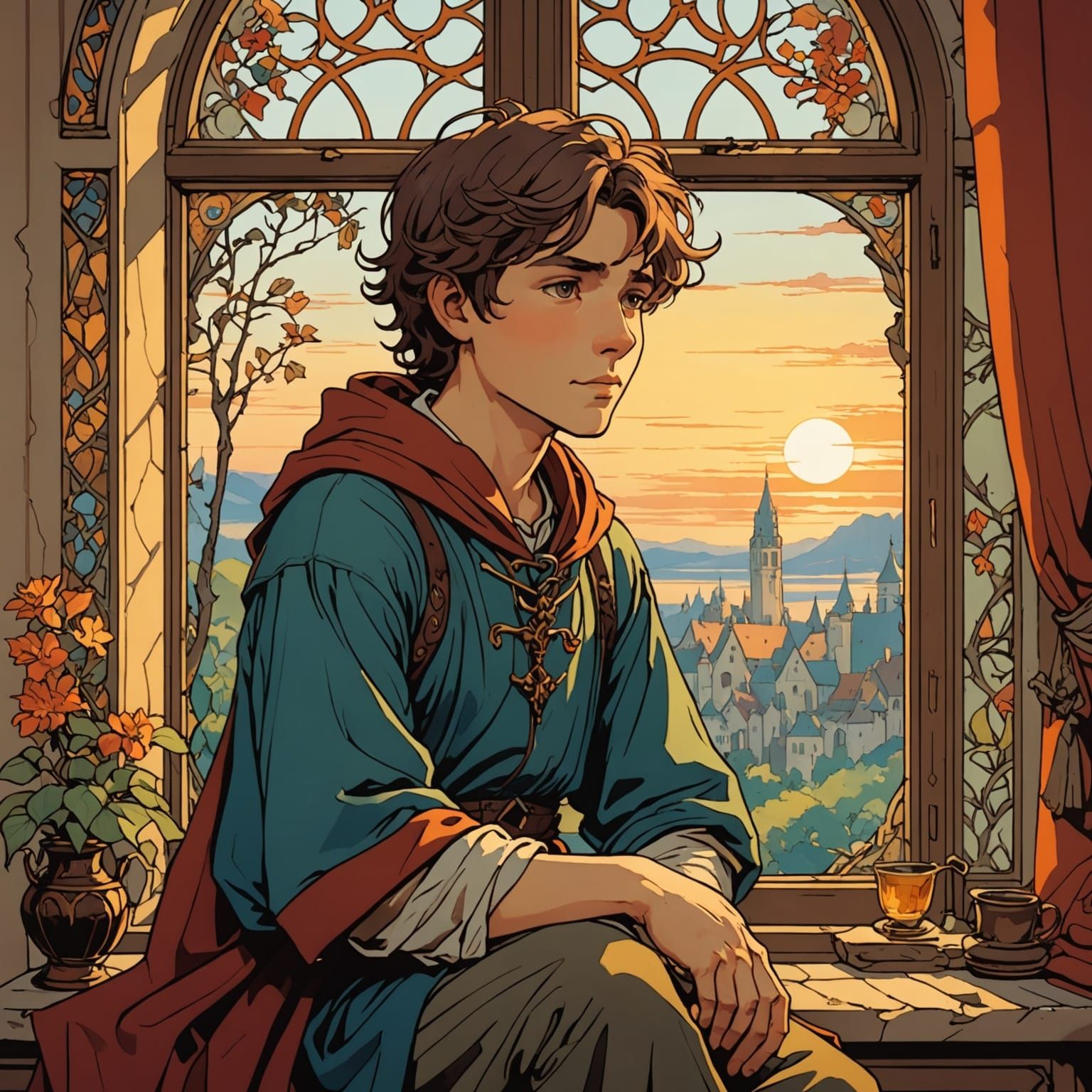 Medieval Boy Embracing Dawn in Vibrant Colors