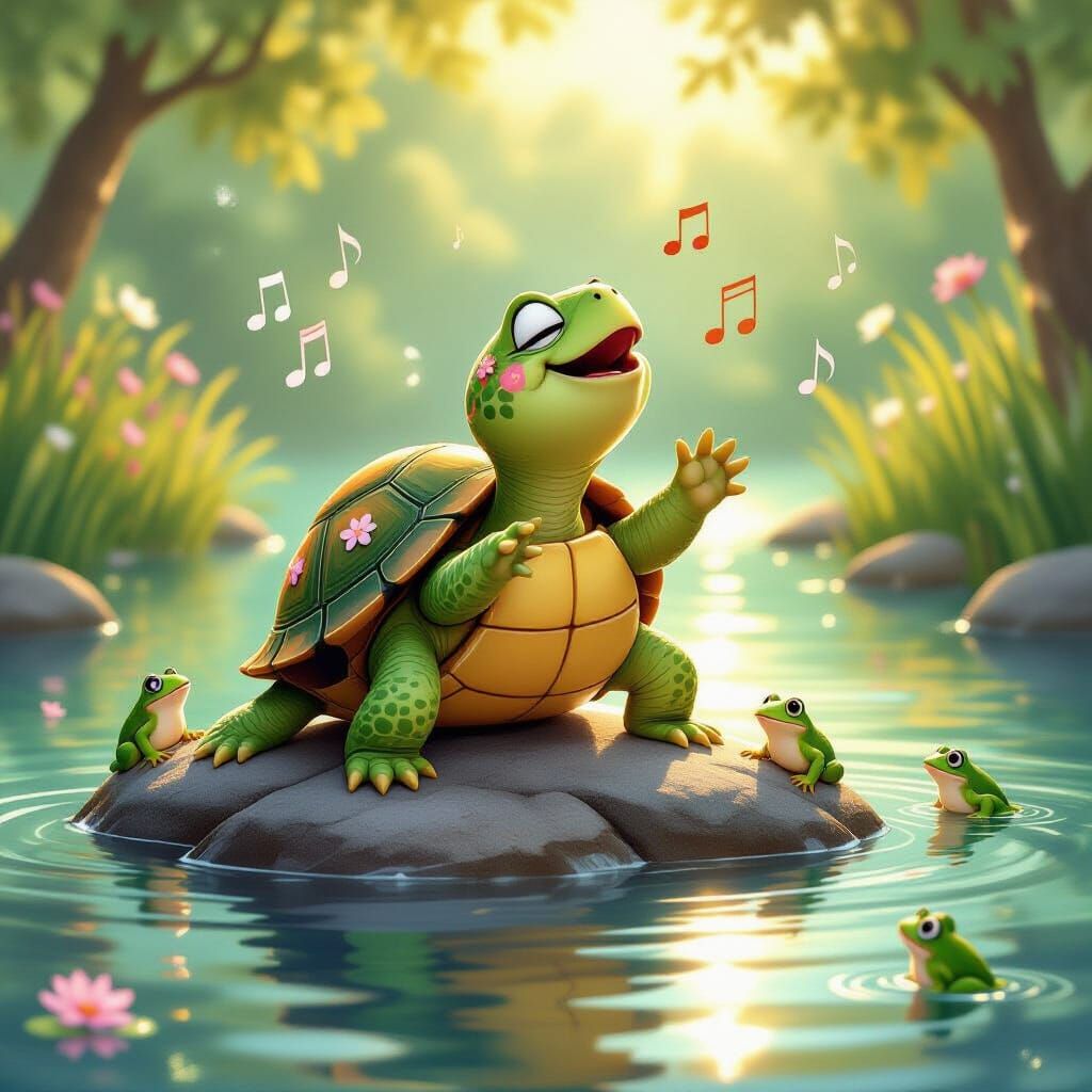 Musical Turtle Concert in Whimsical Illustration Style