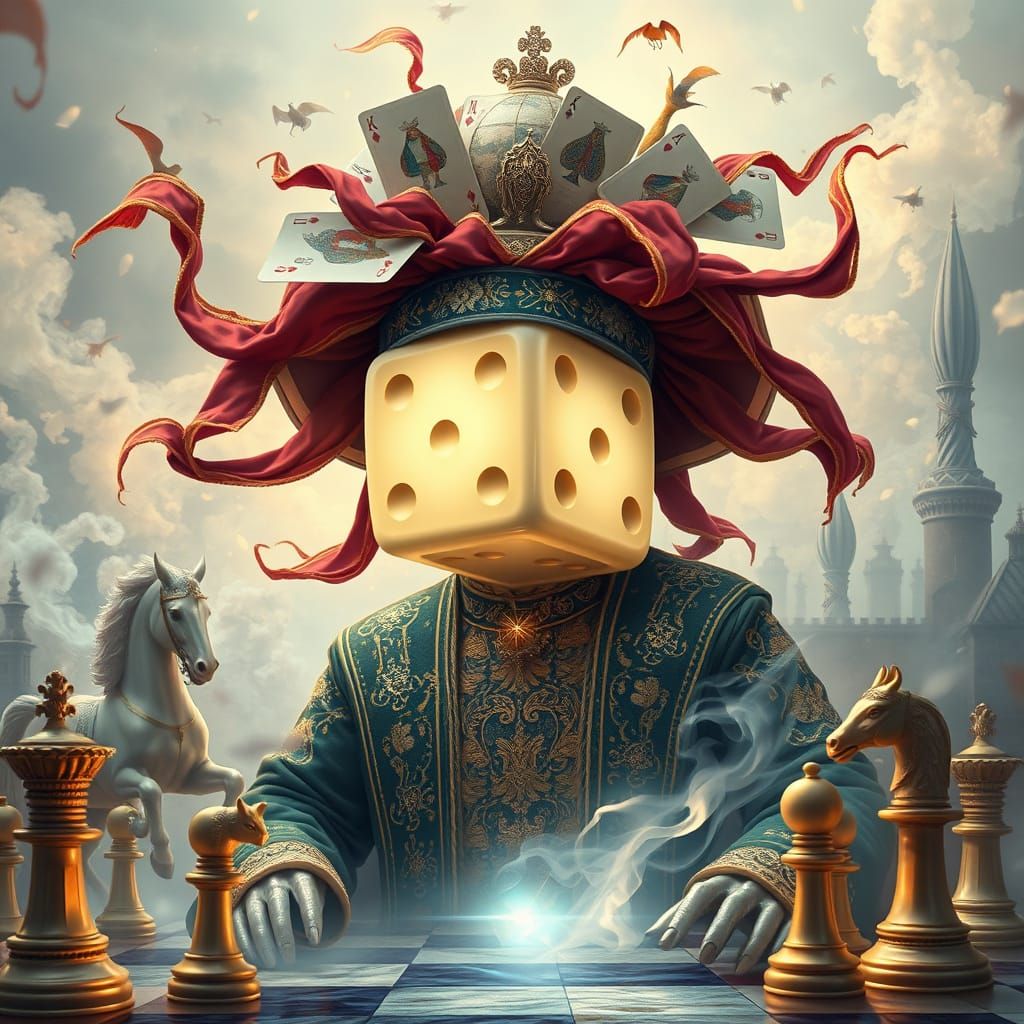 Surreal Dice-Headed Man on Chessboard, Dreamlike Art