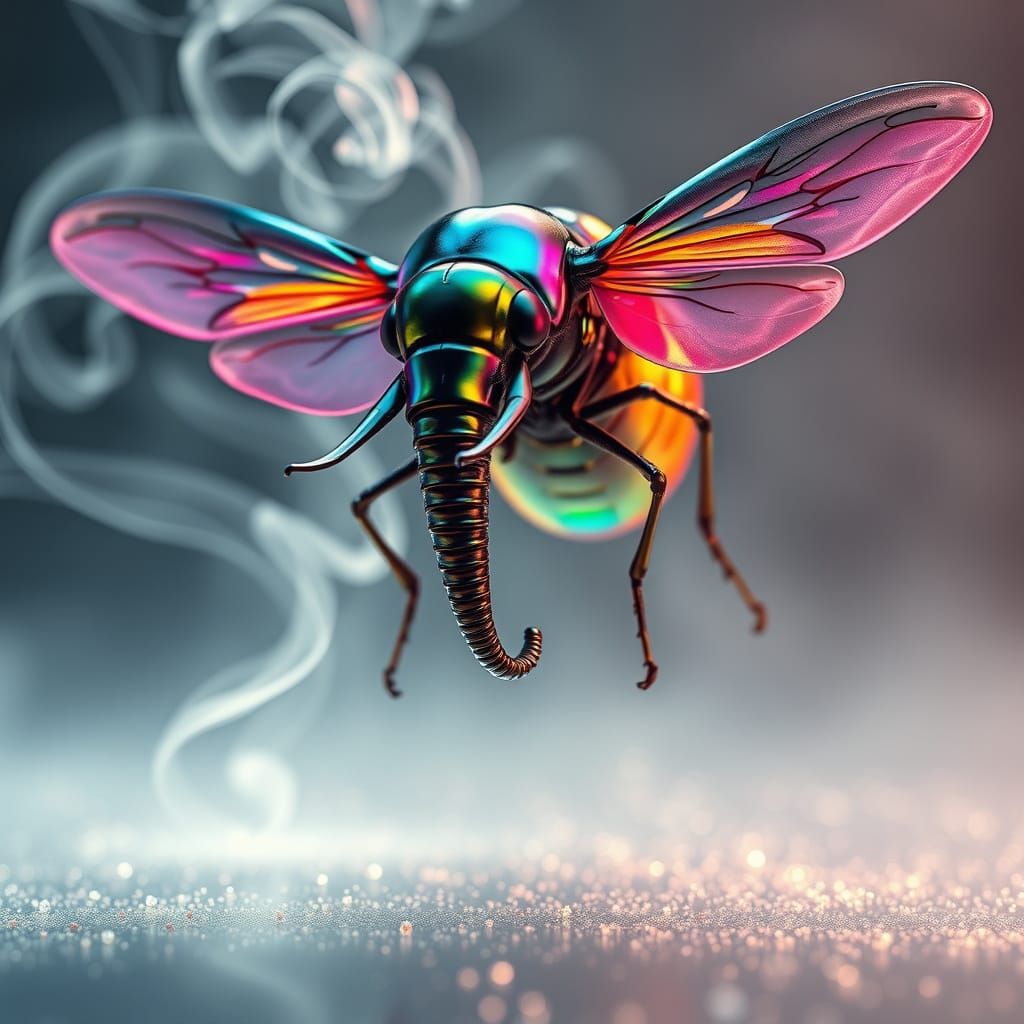 Luminous Elephant-Headed Insect in Surreal Metallic Expanse