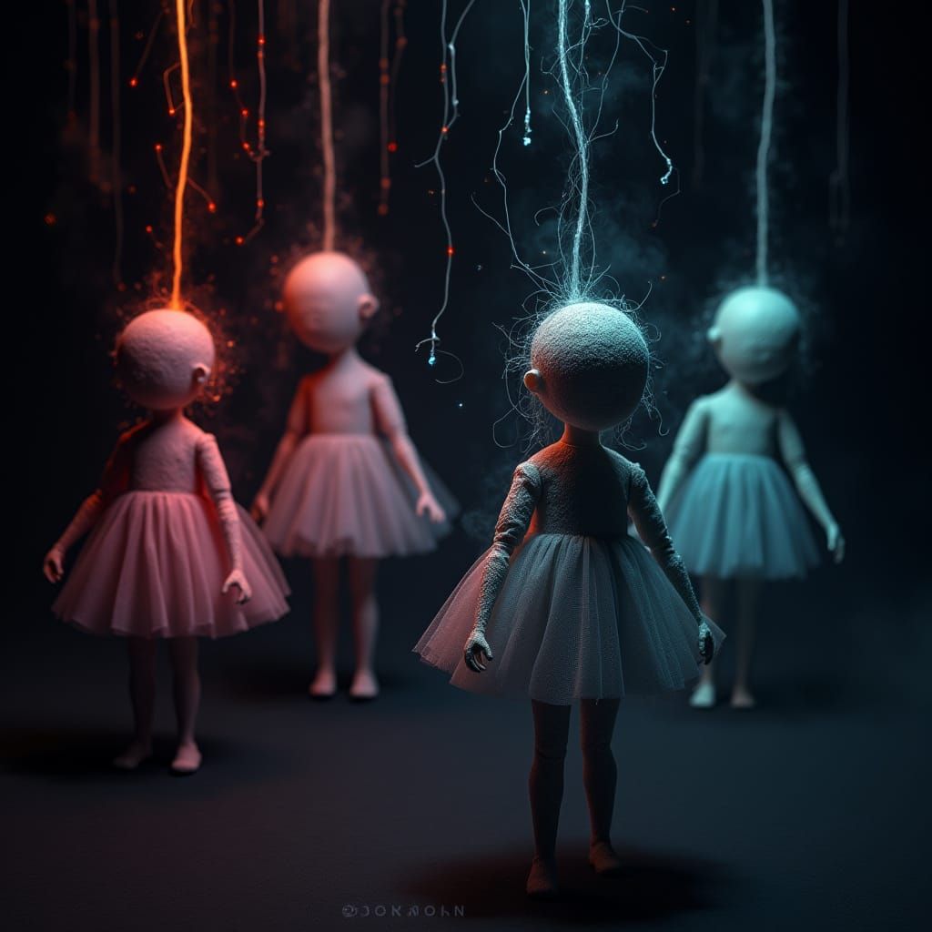 Surreal Dolls with Glowing Strings in Neon Fantasy Art