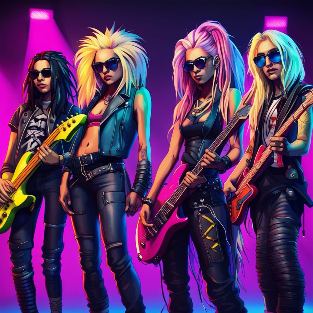 Rockstar Girls Band in a Neon Futuristic Scene