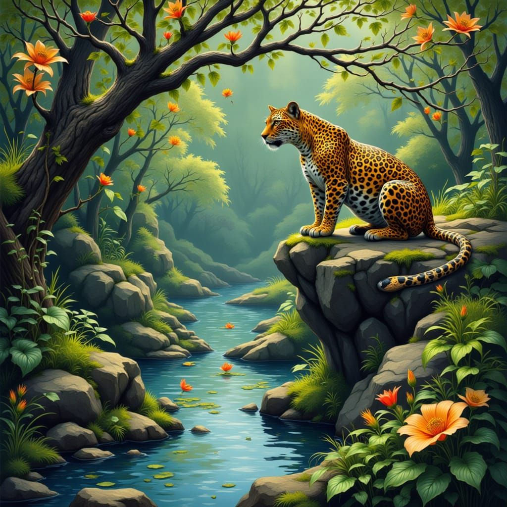 Majestic Jaguar Overlooks River from Grassy Ledge