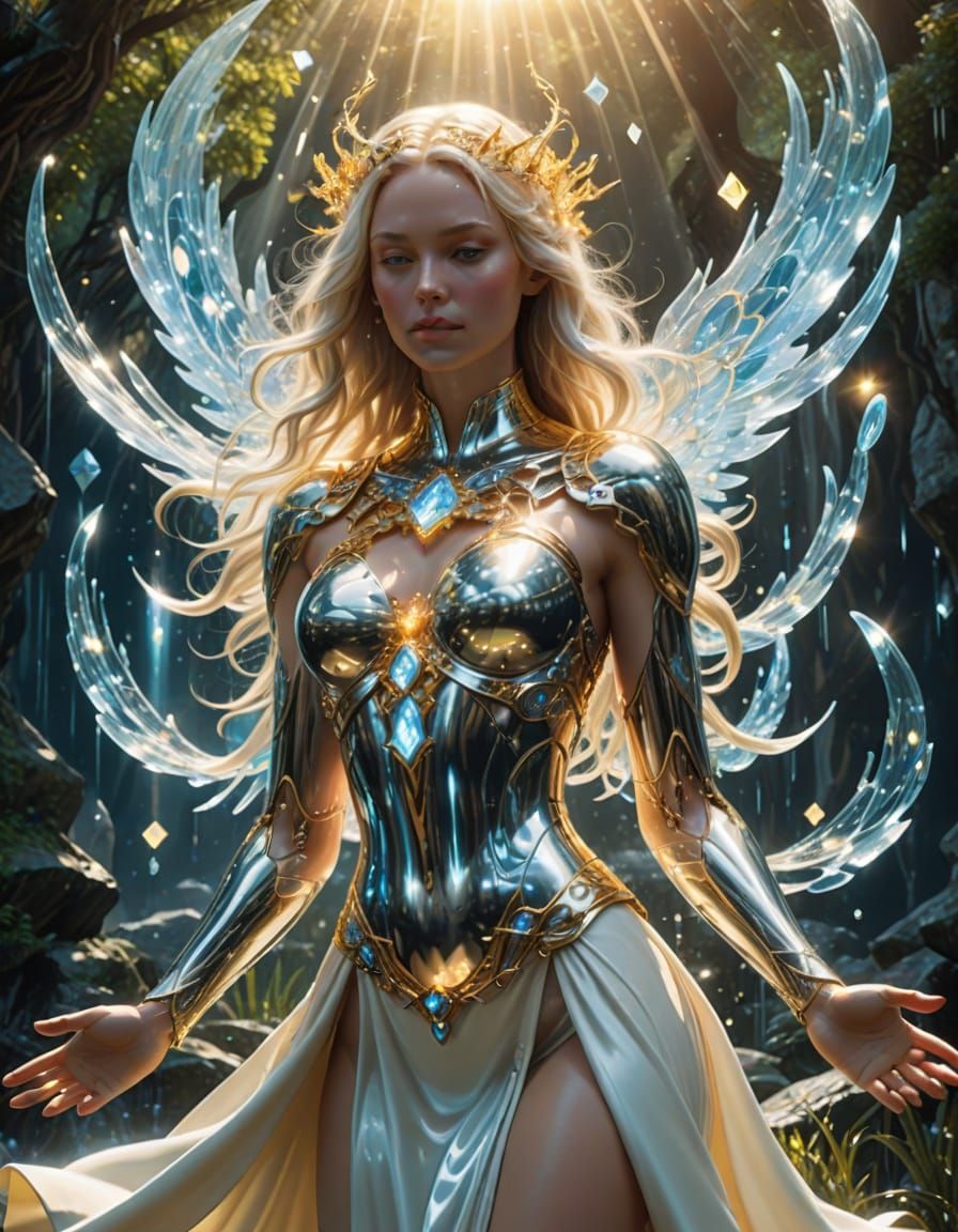 Cybernetic Goddess Ascends in Heavenly Landscape