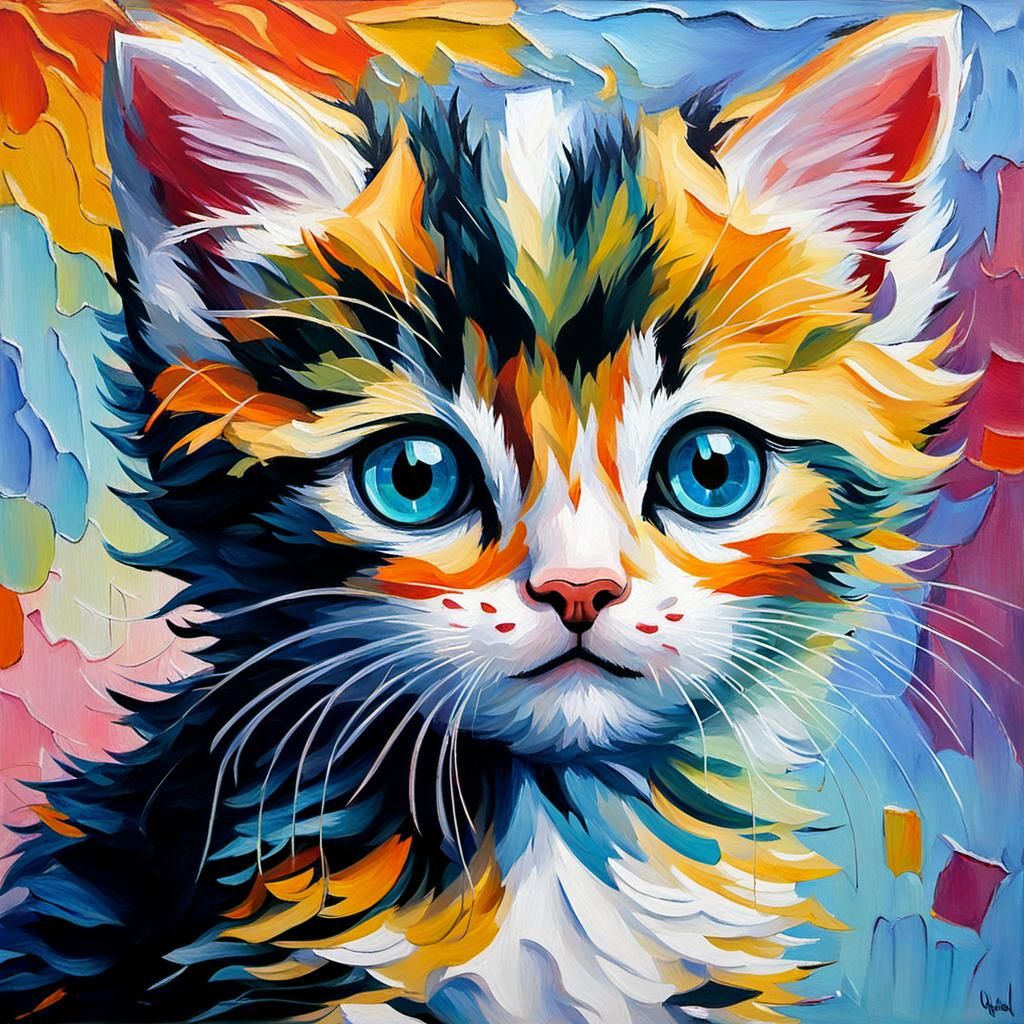 Kitten Close-up in Expressionist Impasto Style