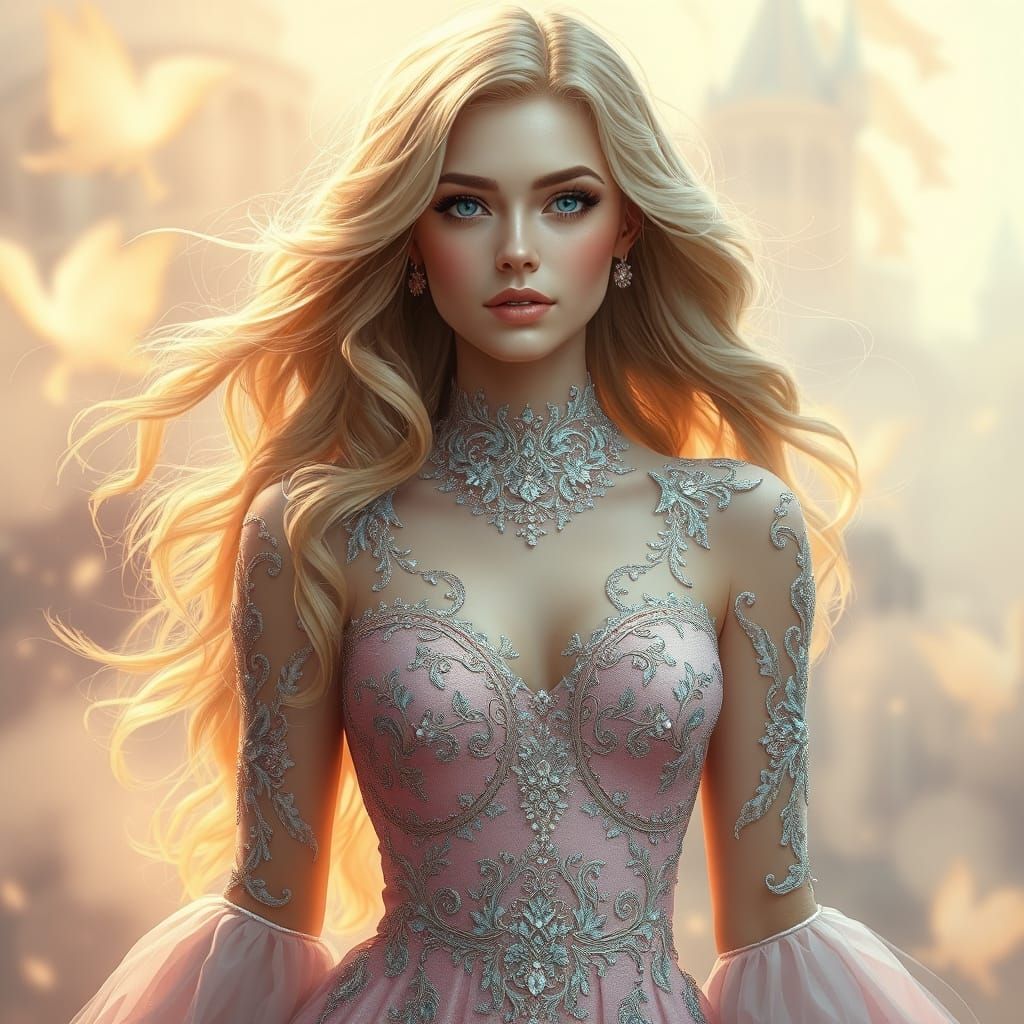 A luminous woman with cascading blonde hair She wears a luxu...