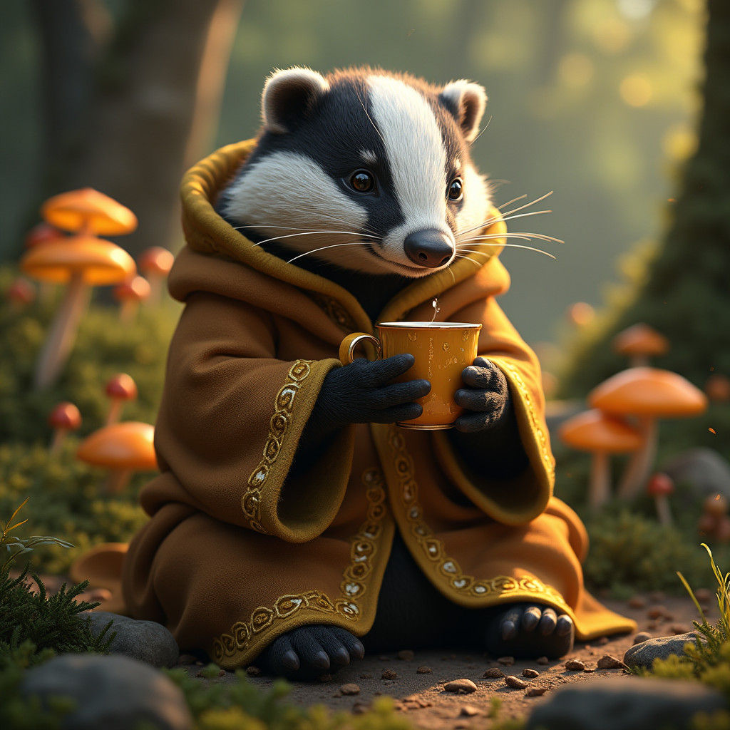 Badger in Hufflepuff Robes Sipping Tea