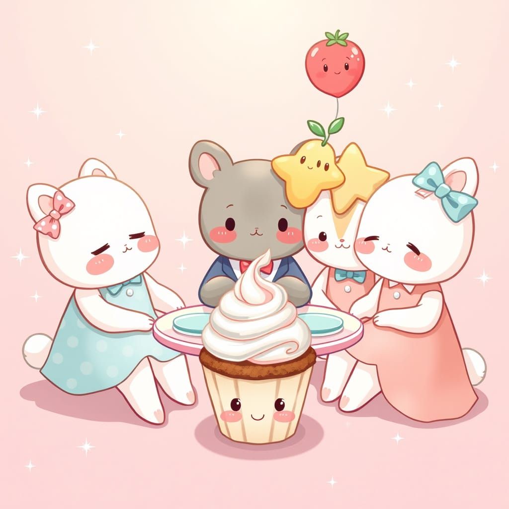 Whimsical Cartoon Animal Tea Party in Sanrio Style