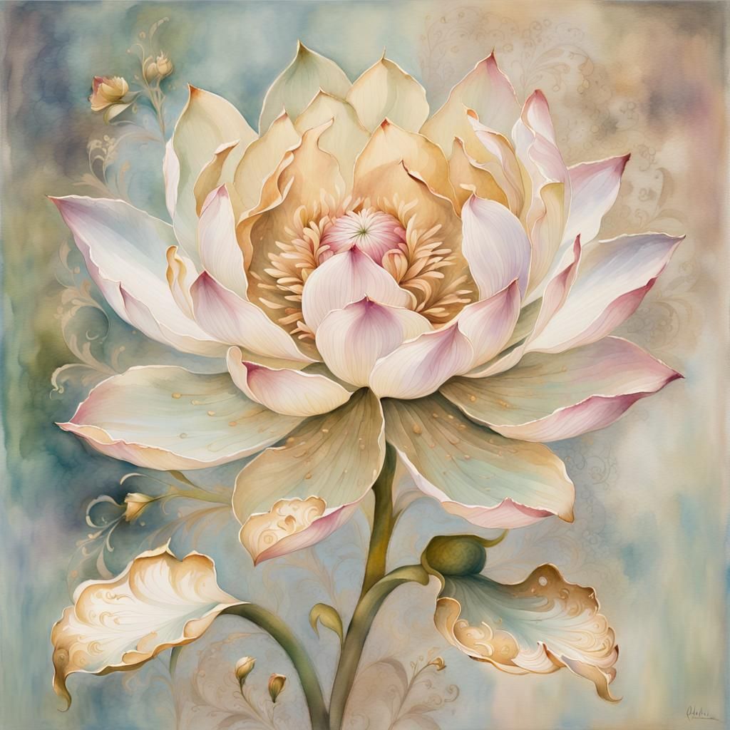 A painting of a faded flower with pointed petals decorated w...