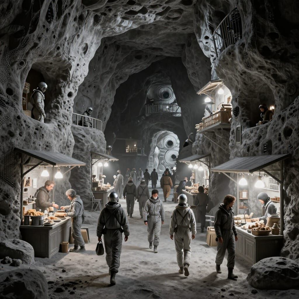 Lunar Marketplace in Carbon Basalt Caverns
