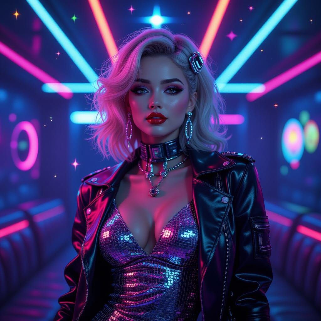 Retro-Futuristic Cyborg Anime Girl in Neon Disco