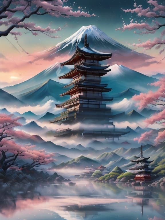 Ethereal Japanese Landscape in Ukiyo-e Woodblock Print Style