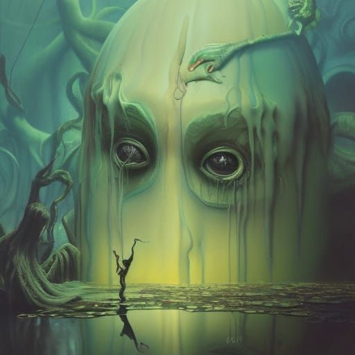 Swamp Monster in Candyland Wonderland, Surreal Gouache Art