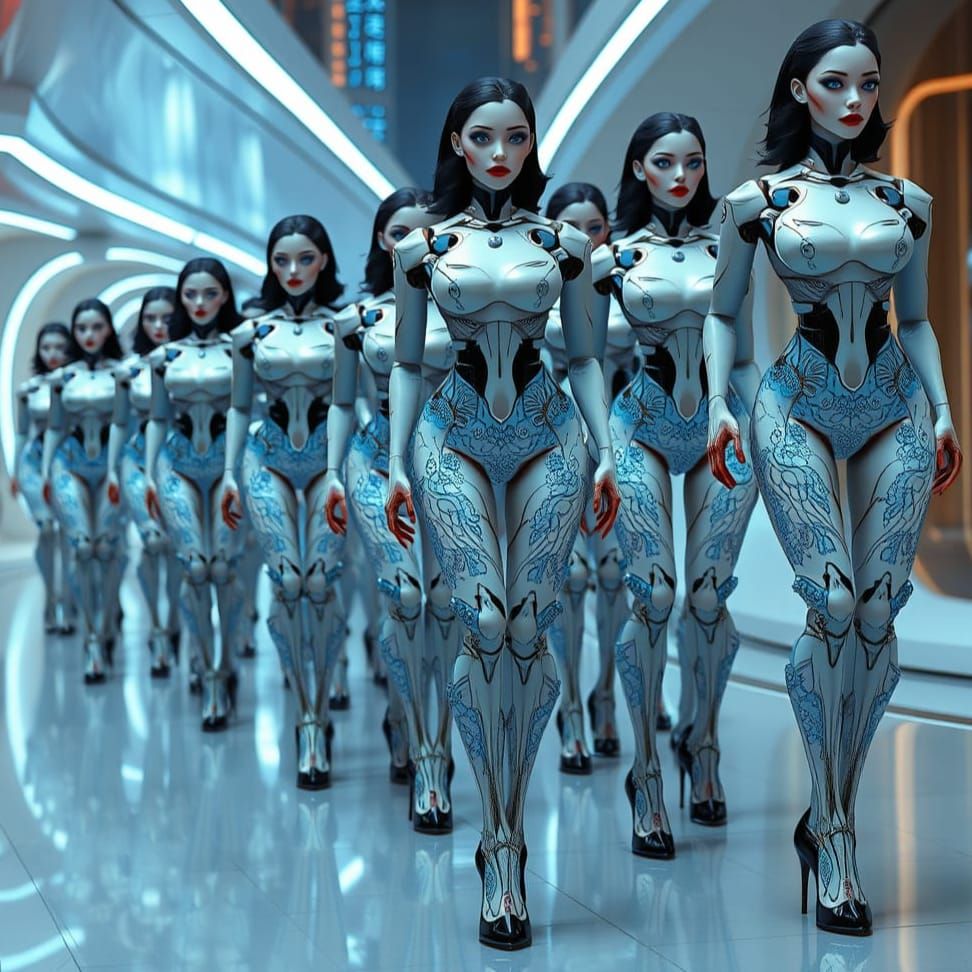 Futuristic Robot Women March in Cyberpunk Cityscape