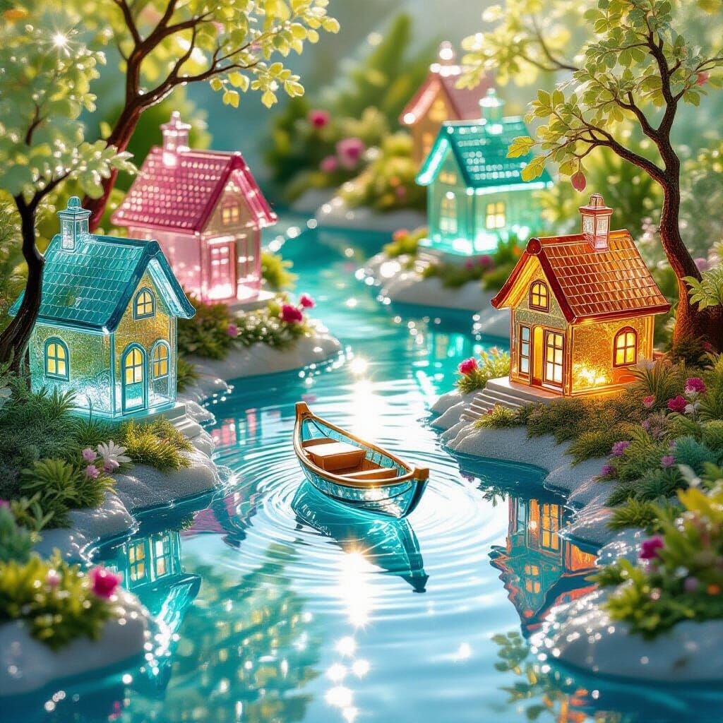 Glass Miniature Sculpture of Shimmering River and Crystal Ho...
