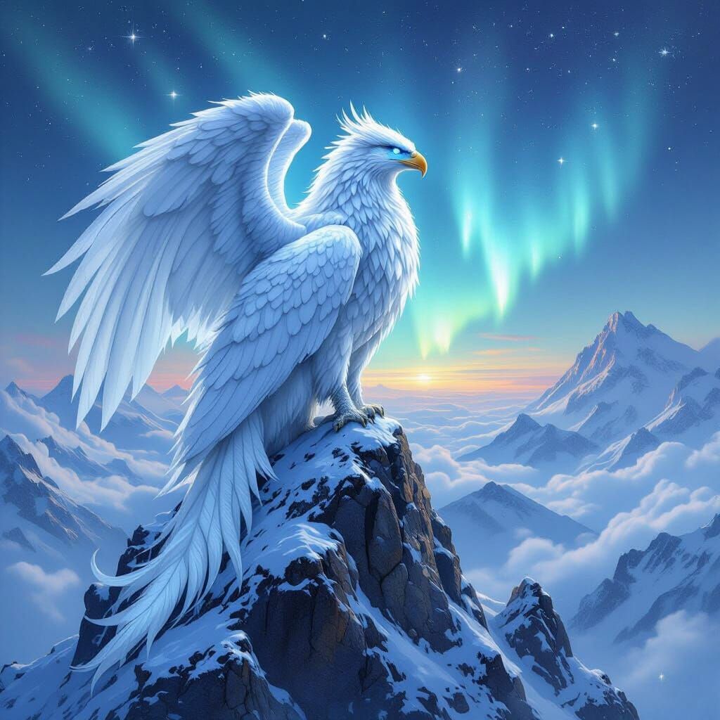 Icy Griffin on Snow Mountain in Dreamlike Style