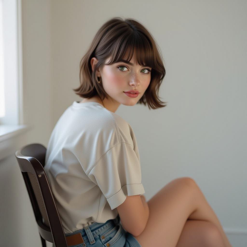 Young Woman with Bob Hair and Freckles in Soft Light