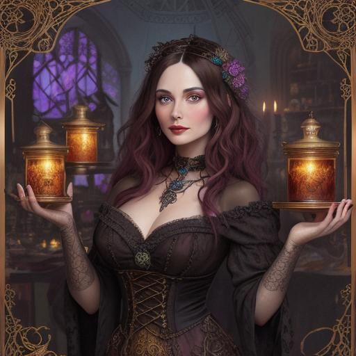 Voluptuous Brunette Witch Creates Magic Dust Images