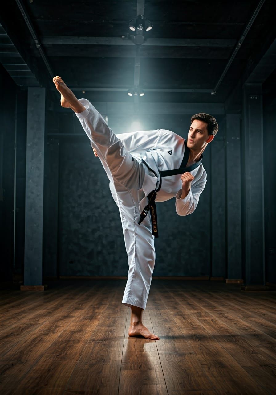 Dynamic Taekwondo Kick in Minimalist Dojang
