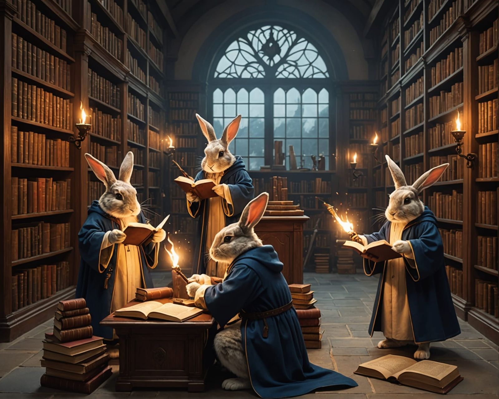 Bunny Wizards Studying Spells in Library
