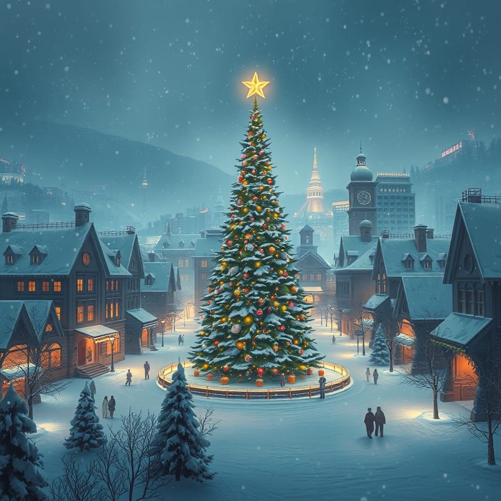 Festive Cityscape Aglow with Christmas Magic