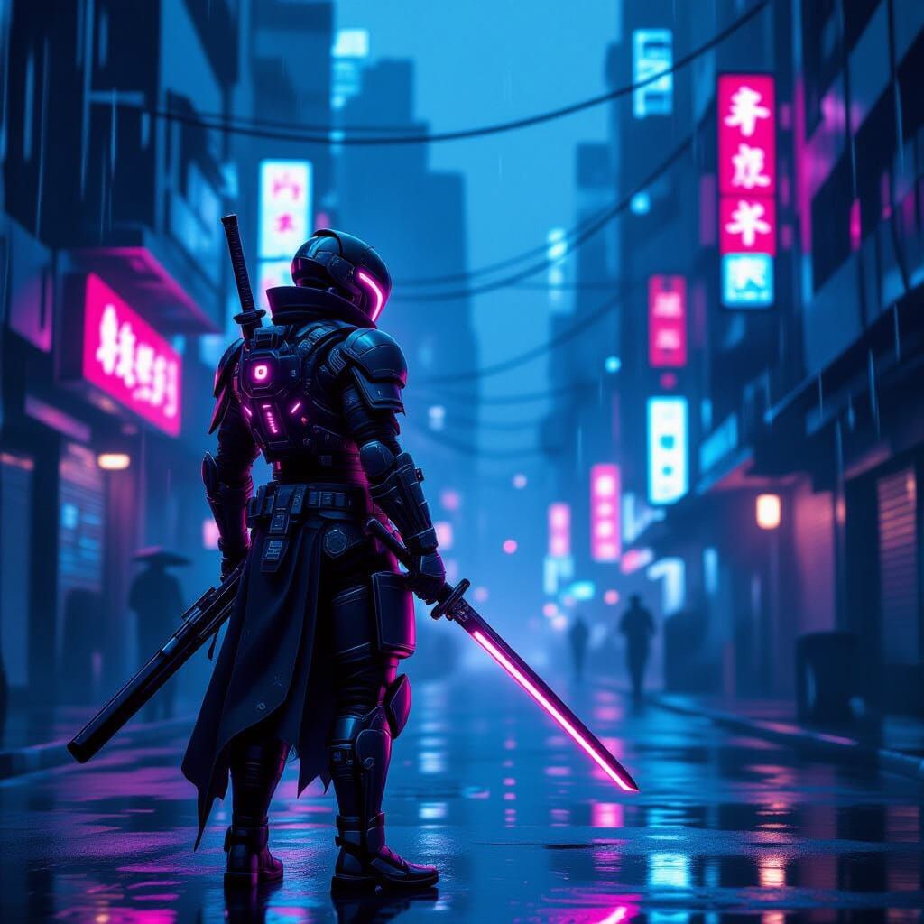 Cyberpunk Samurai Hunter in Neon Cityscape