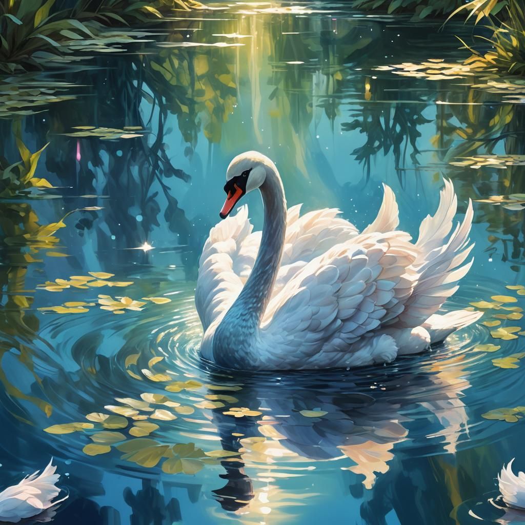 Fluorescent Swan Glides on Lake: Oil Painting