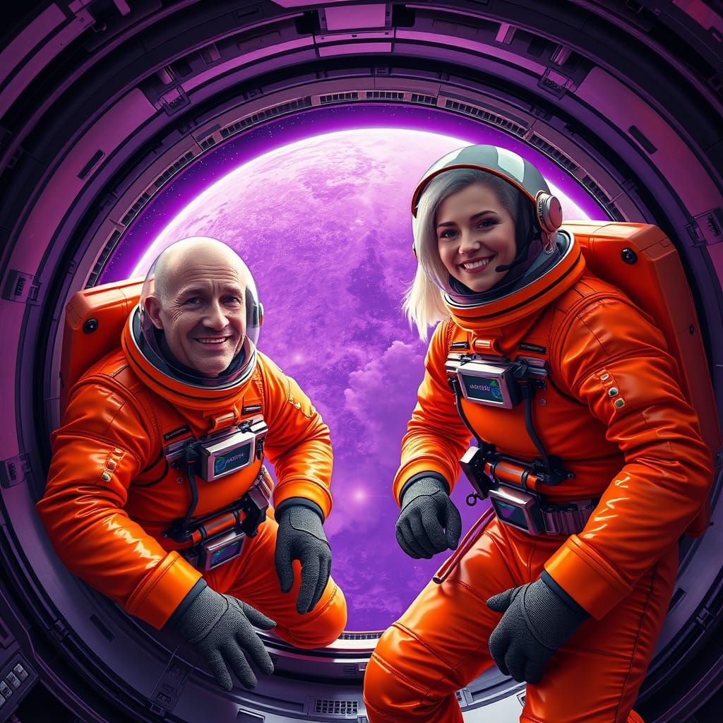 Astronauts in Shiny Orange Suits Repair Space Capsule Amidst...