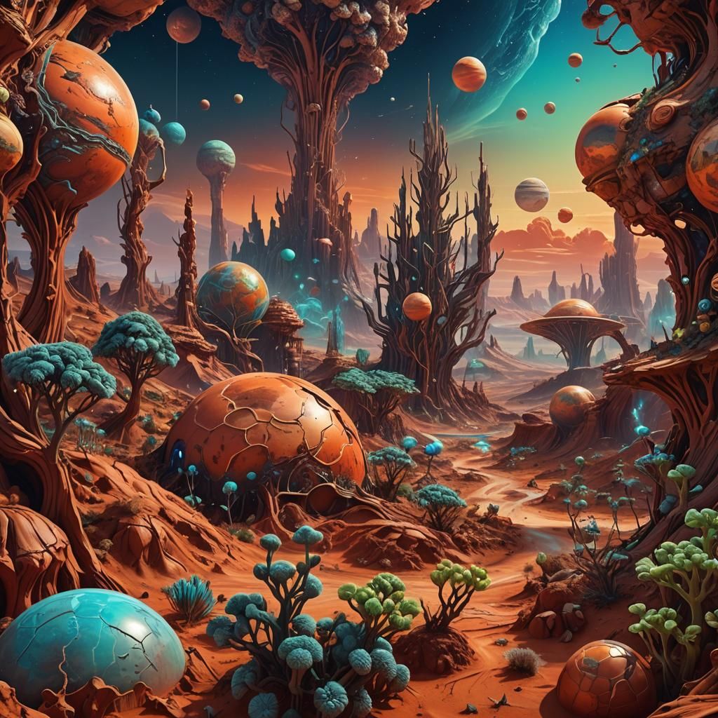 A surreal and vividly  Mars, featuring towering organic structures entwined with neon lights, alien plant life