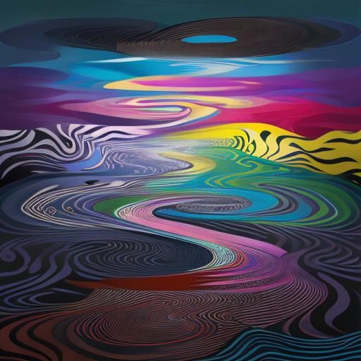 Surreal Geometric River in Takashi Murakami Style